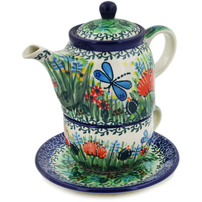 Polish Pottery Tea Set for One 17 oz Dragonfly Bounty UNIKAT