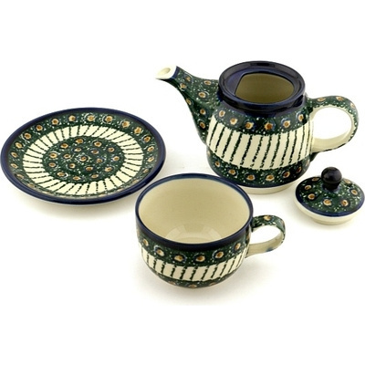 Polish Pottery Tea Set for One 17 oz Emerald Peacock