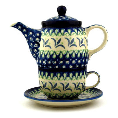 Polish Pottery Tea Set for One 17 oz Fleur De Lis