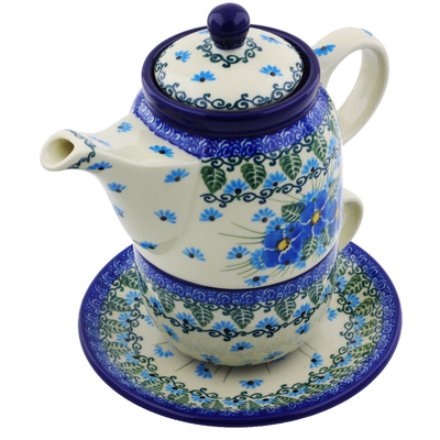 Polish Pottery Tea Set for One 17 oz Forget Me Not UNIKAT