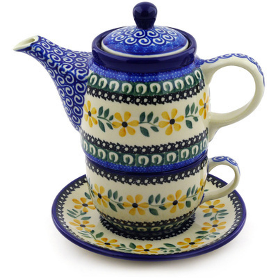 Polish Pottery Tea Set for One 17 oz Golden Daisy Swirl