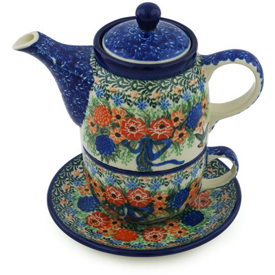 Polish Pottery Tea Set for One 17 oz Hummingbird Bouquet UNIKAT