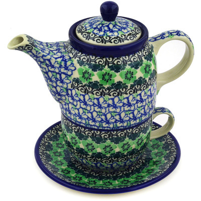 Polish Pottery Tea Set for One 17 oz Kiwi Flower