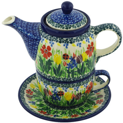 Polish Pottery Tea Set for One 17 oz Lady Bug Tulips UNIKAT
