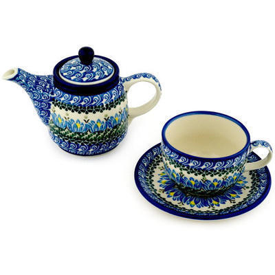 Polish Pottery Tea Set for One 17 oz Lotus Blossom