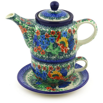 Polish Pottery Tea Set for One 17 oz Mosaic Butterfly UNIKAT