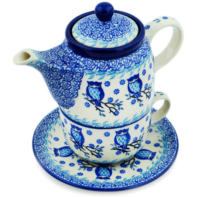 Polish Pottery Tea Set for One 17 oz Owl Kingdom UNIKAT