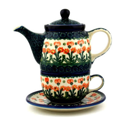 Polish Pottery Tea Set for One 17 oz Peach Spring Daisy