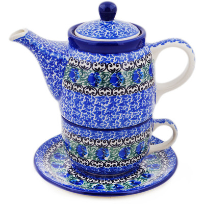 Polish Pottery Tea Set for One 17 oz Peacock Feather