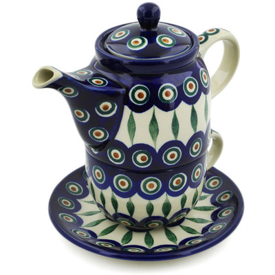Polish Pottery Tea Set for One 17 oz Peacock Leaves