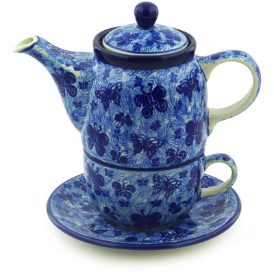 Polish Pottery Tea Set for One 17 oz Sapphire Butterfly