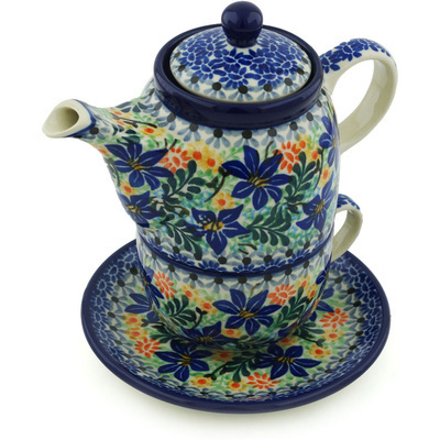 Polish Pottery Tea Set for One 17 oz Sapphire Lilies UNIKAT