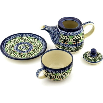 Polish Pottery Tea Set for One 17 oz Scroll Window