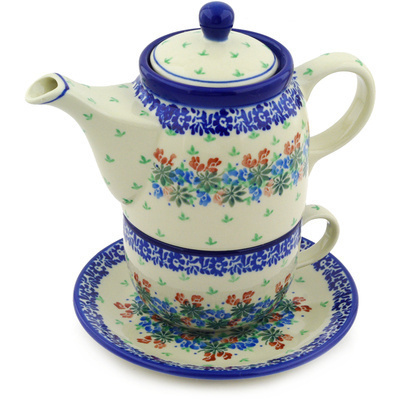 Polish Pottery Tea Set for One 17 oz Snapdragon Bouquet