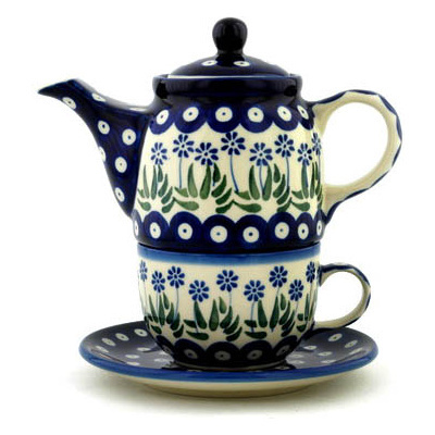 Polish Pottery Tea Set for One 17 oz Springing Calendulas
