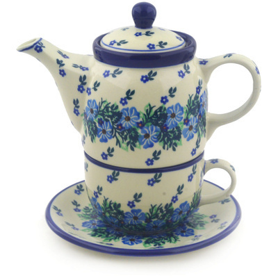 Polish Pottery Tea Set for One 17 oz Viola Bouquet