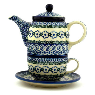 Polish Pottery Tea Set for One 17 oz White Daisy Dots