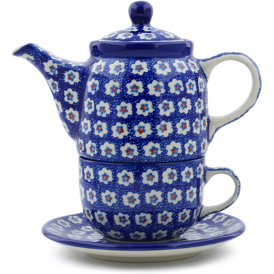 Polish Pottery Tea Set for One 17 oz White Flowers On Blue