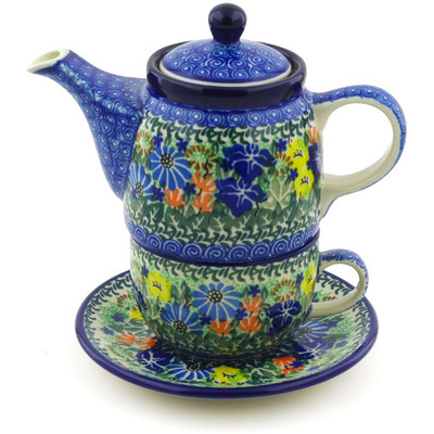 Polish Pottery Tea Set for One 17 oz Wild Flower Lake UNIKAT