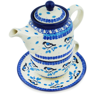 Polish Pottery Tea Set for One 17 oz Winter Sparrow