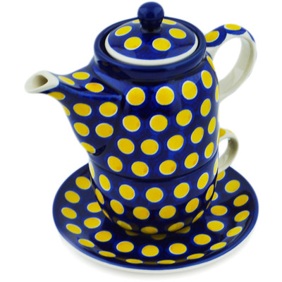 Polish Pottery Tea Set for One 17 oz Yellow Dots