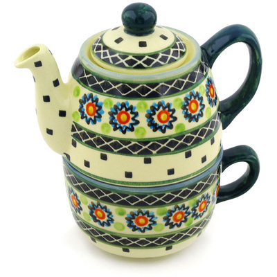 Polish Pottery Tea Set for One 19 oz Sunburt Circle