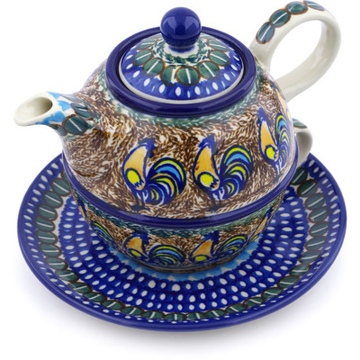 Polish Pottery Tea Set for One 22 oz Autumn Rooster UNIKAT