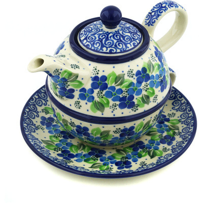 Polish Pottery Tea Set for One 22 oz Blue Phlox