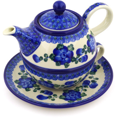 Polish Pottery Tea Set for One 22 oz Blue Poppies
