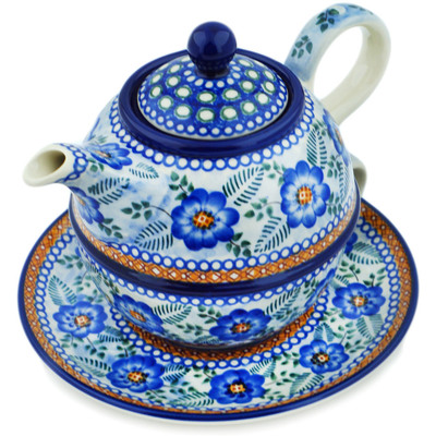 Polish Pottery Tea Set for One 22 oz Blue Poppy Circle UNIKAT