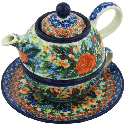 Polish Pottery Tea Set for One 22 oz Blue Ribbon Roses UNIKAT
