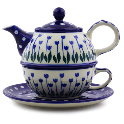 Polish Pottery Tea Set for One 22 oz Blue Tulip Peacock