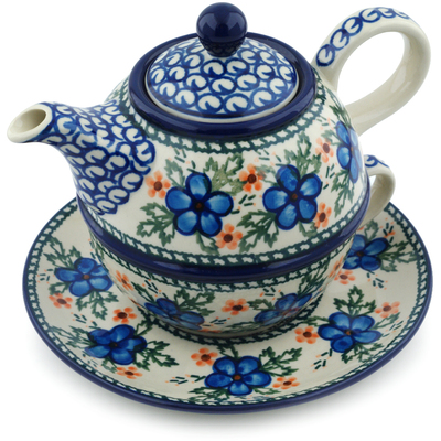 Polish Pottery Tea Set for One 22 oz Cobblestone Garden