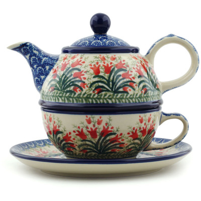 Polish Pottery Tea Set for One 22 oz Crimson Bells