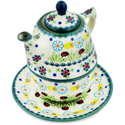 Polish Pottery Tea Set for One 22 oz Flowers And Ladybugs