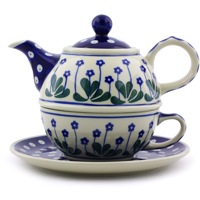 Polish Pottery Tea Set for One 22 oz Forget-me-not Peacock