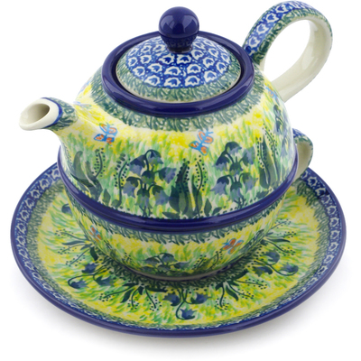 Polish Pottery Tea Set for One 22 oz Lakeside Bluebells UNIKAT
