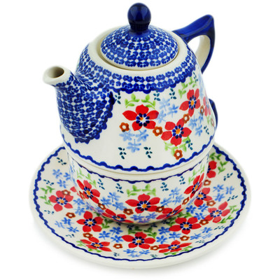 Polish Pottery Tea Set for One 22 oz Red Flower Meadow