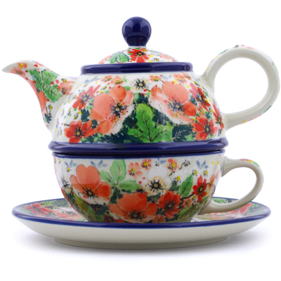 Polish Pottery Tea Set for One 22 oz Red Majesty UNIKAT