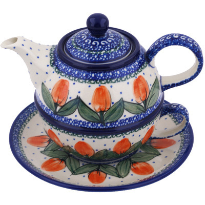 Polish Pottery Tea Set for One 22 oz Red Tulip Circle UNIKAT