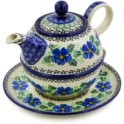 Polish Pottery Tea Set for One 22 oz Scarlet Pimpernel Flower