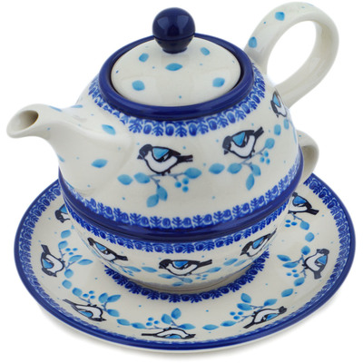 Polish Pottery Tea Set for One 22 oz Winter Sparrow