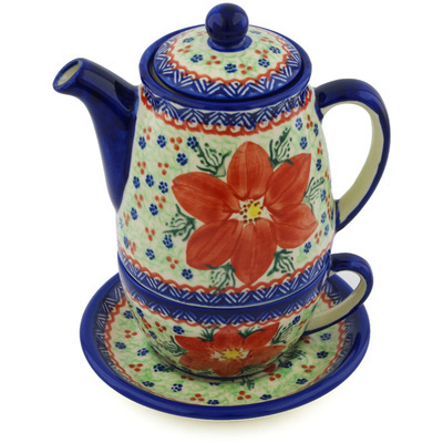 Polish Pottery Tea Set for One 25 oz Poinsettia UNIKAT