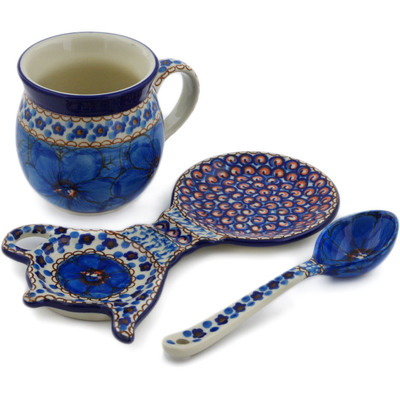 Polish Pottery Tea Set for One Blue Poppies UNIKAT