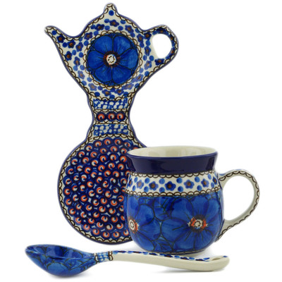 Polish Pottery Tea Set for One Cobalt Poppies UNIKAT
