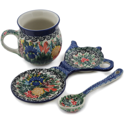 Polish Pottery Tea Set for One Iris Bouquet UNIKAT