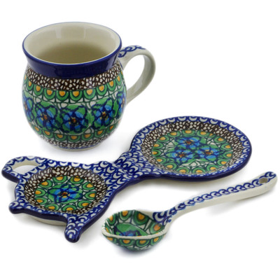 Polish Pottery Tea Set for One Mardi Gras UNIKAT