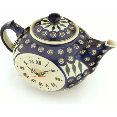 Polish Pottery Teapot Clock 12&quot; Peacock