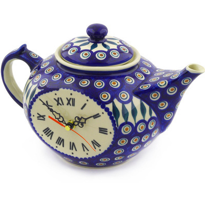 Polish Pottery Teapot Clock 12&quot; Peacock Leaves