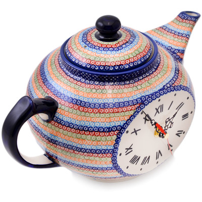 Polish Pottery Teapot Clock 12&quot; Rainbow Chains UNIKAT